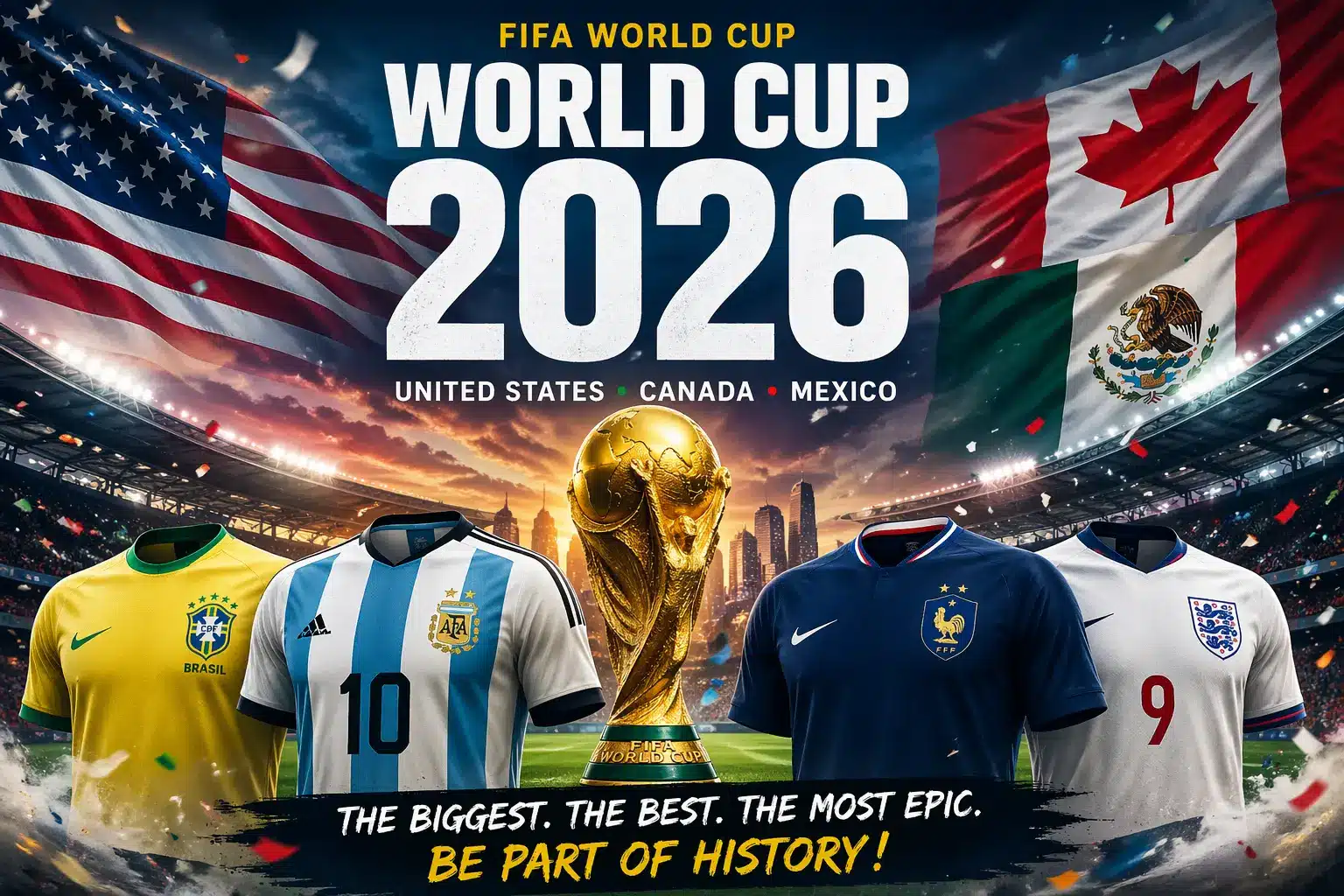 World Cup 2026 - football shirts of top national teams at the stadium with the World Cup trophy